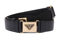 PRADA Triangle Logo Patchwork Design Smooth Buckle Leather Belts Women's Black