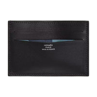 HERMES Citizen Twill Swift Leather Card Holder Men's Black With Sapphire Blue Accents