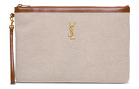 SAINT LAURENT Canvas With Leather Canvas Bag Clutches Women's Beige/Brown