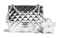 CHANEL Mirror Finish Calfskin Gold Logo Backpack Women's Silver