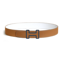 HERMES Calfskin Stainless Steel Rubber Leather Belts Men's Brown/White Width: 3.8CM