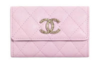 CHANEL Litchi Cow Leather Card Holder Women's Pink Purple