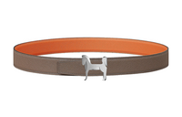 HERMES Double-Sided Emblem Pattern Decoration Smooth Buckle Leather Belts Men's Gray Brown Width: 3.2cm