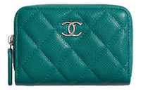 CHANEL Embossed Calfskin With Metal Fabric Wallet Women's Green