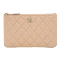 CHANEL Grained Calfskin Card Holder Wallet Clutches Women's Beige