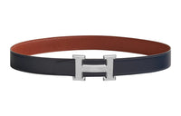 HERMES Letter Etched Silver Buckle Togo Calfskin Double Sided Leather Belt Women's Dark Blue Width 3.2cm