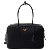 PRADA Recycled Nylon With Patchwork Leather Handbag Large Size Women's Black