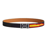 HERMES Calfskin Metal Palladium Leather Belts Men's Black/Orange Width: 3.2CM