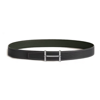 HERMES Calfskin Stainless Steel Rubber Leather Belts Men's Black/Green Width: 3.2CM