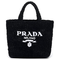 PRADA Raffia Fiber Tote Bag Shopping Bag Handbag Small Size Women's Black