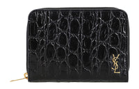SAINT LAURENT Shiny Cow Leather Cropped Zip Closure Wallet Small Size Women's Black