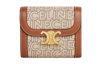 CELINE Triomphe Arc De Triomphe Fabric With Calfskin Card Holder Wallet Small Size Women's Natural/Brown
