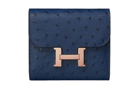HERMES Ostrich Leather Wallet Women's 77 Bleu Iris