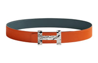 HERMES Quizz H2O Silver Buckle Epsom Calfskin Double-Sided Leather Belt Men's Orange/Hurricane Blue Width: 3.8cm