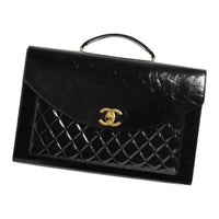 CHANEL Wrinkled Lambskin Patent Leather Briefcases Women's Black