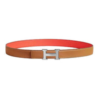 HERMES Metal Calfskin Palladium-Plated Leather Belts Women's Brown Width 2.4CM