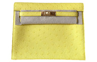 HERMES Kelly Danse Ostrich Leather One Shoulder Crossbody Clutch Backpack Women's Lemon