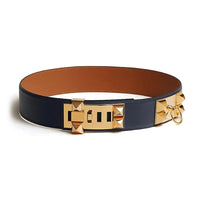 HERMES Metal Gold Plated Leather Belts Women's Blue/Brown Width 5cm