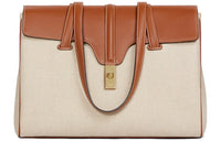 CELINE 16 Fabric And Cow Leather Handbag Shoulder Bags Medium Size Women's Khaki White