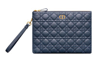 DIOR Caro Cow Leather Portable Clutch Large Size Women's Deep Sea Blue