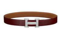 HERMES Letter Etched Silver Buckle Togo Calfskin Double-Sided Leather Belt Women's Red Width: 3.2cm
