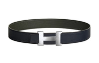 HERMES Palladium-Plated Metal Silver Smooth Buckle Double-Sided Leather Leather Belts Men's Dark Blue Width: 3.8cm