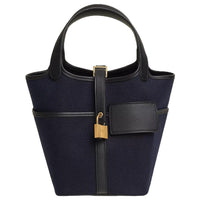 HERMES Picotin Lock Canvas With Swift Calfskin Handbag Unisex Deep Sea Blue & Black
