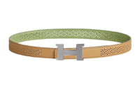 HERMES Comfortable Silver Buckle Epsom Calfskin Double-Sided Leather Belt Women's Green Width: 2.4cm