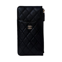 CHANEL Litchi Leather Card Holder Women's Black