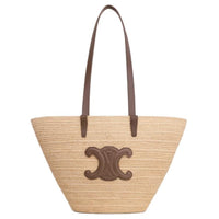 CELINE Raffia Calfskin Trim Handbag Shoulder Bag Medium Size Women's Glazed Surface Brown