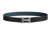 HERMES H-Shaped Buckle Ornament Smooth Buckle Leather Belts Men's Blue/Black Width: 3.2cm