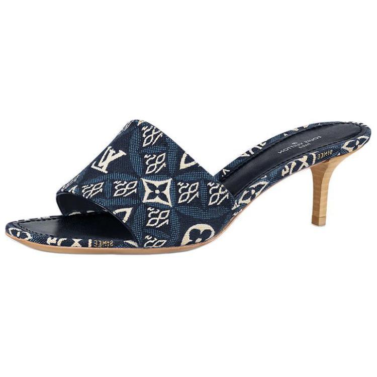 LOUIS VUITTON Revival Block Heel Slide Slippers Women's Dark Blue