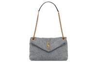 SAINT LAURENT PUFFER Denim With Leather Crossbody Bag Shoulder Bag Women's Blue Gray