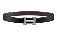 HERMES Letter Etched Silver Buckle Togo Calfskin Double-Sided Leather Belt Women's Black Width: 3.2cm