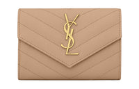 SAINT LAURENT Monogramme Quilted Leather Calfskin Envelope Wallets Small Size Women's Dark Beige