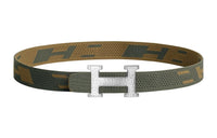 HERMES Print H Logo Silver Buckle Nylon Mesh Double-Sided Belt Men's Gray Green/Dark Green Brown Width: 3.2cm
