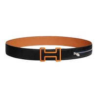 HERMES Stainless Steel Leather Belts Men's Black/Brown Width: 3.8CM