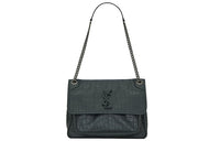 SAINT LAURENT Crocodile Pattern Embossed Leather Hobo Bag, Chain Crossbody Bag, Shoulder Bag Women's Dark Green
