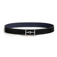 HERMES Calfskin Stainless Steel Leather Belts Women's Black/Blue Width: 3.2CM