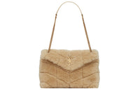 SAINT LAURENT Wool Bonded Leather Cloud Bag Pillow Bag Shoulder Bag Crossbody Bag Small Size Women's Beige