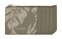 SAINT LAURENT Shiny Leather Zip Closure Card Holder Men's Khaki