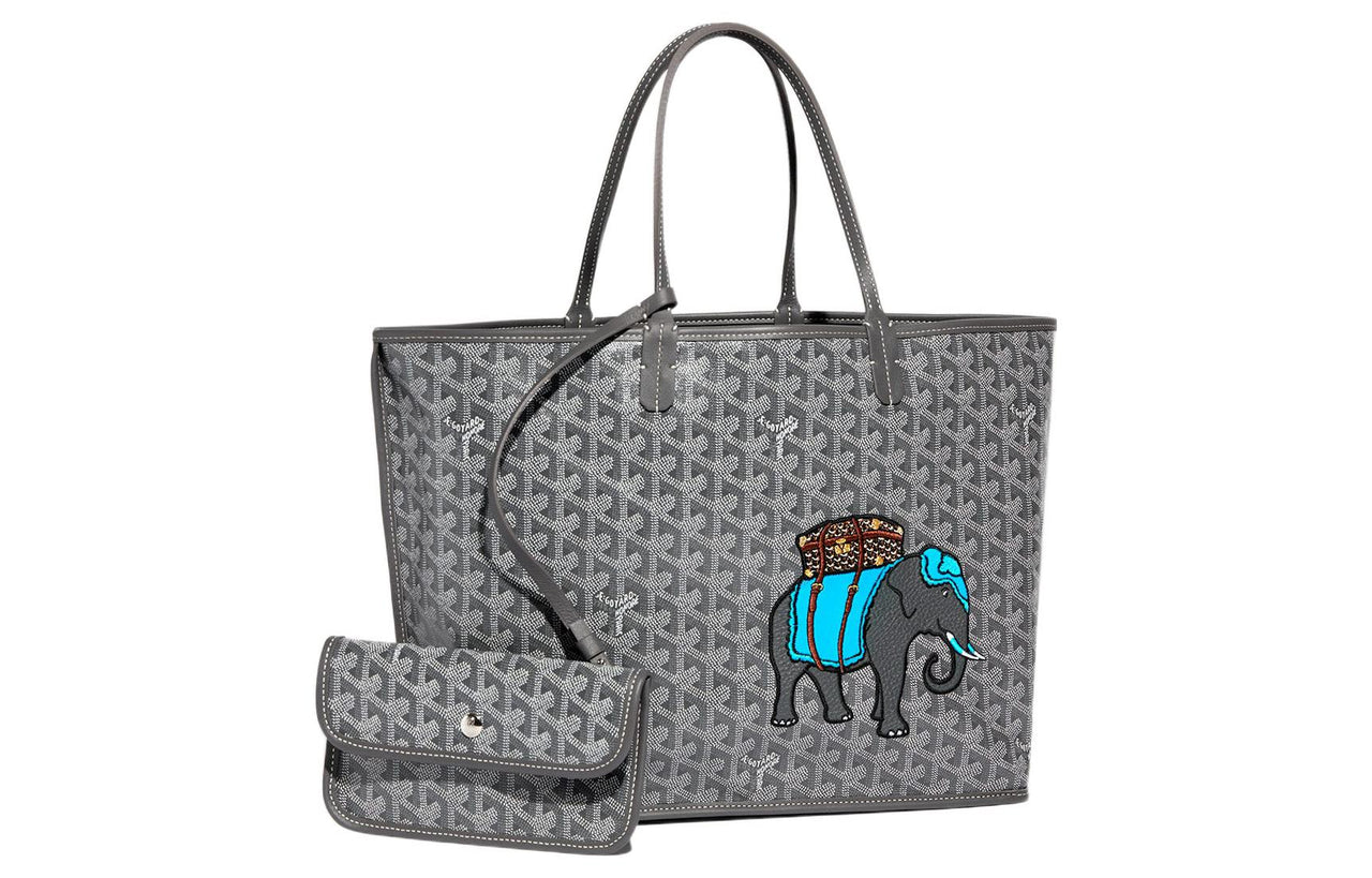GOYARD Anjou Calfskin Canvas Tote Bag Shopping Bag Handbag Small Size Women's Gray/Blue