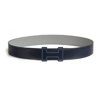 HERMES Calfskin Stainless Steel Rubber Leather Belts Men's Blue/Gray Width: 3.8cm