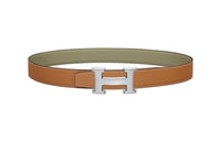HERMES H Letter Smooth Buckle Leather Belts Men's Khaki Width: 3.2cm