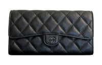 CHANEL Fish Paste Wrinkled Cow Leather Money Clip Coin Purses Wallets Regular Women's Black