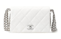 CHANEL Leather White Silver Taffeta Bag Shoulder Bag Crossbody Bag Women's White