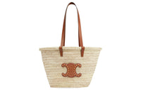 CELINE Triomphe Palm Leaf With Cow Leather Trim Basket Bag, One Shoulder Handbag Medium Size Women's Brown
