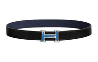 HERMES H-Shaped Lacquered Finish Brushed Smooth Buckle Leather Belts Men's Black/Blue Width: 3.2CM
