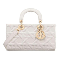 DIOR Lady D-JOY Graphic Wicker Pattern Cow Leather Shoulder Bag Crossbody Bag Handbag Medium Size Women's Milk White