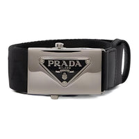 PRADA Badge Design Leather Leather Belts Men's Black Width 3.5CM
